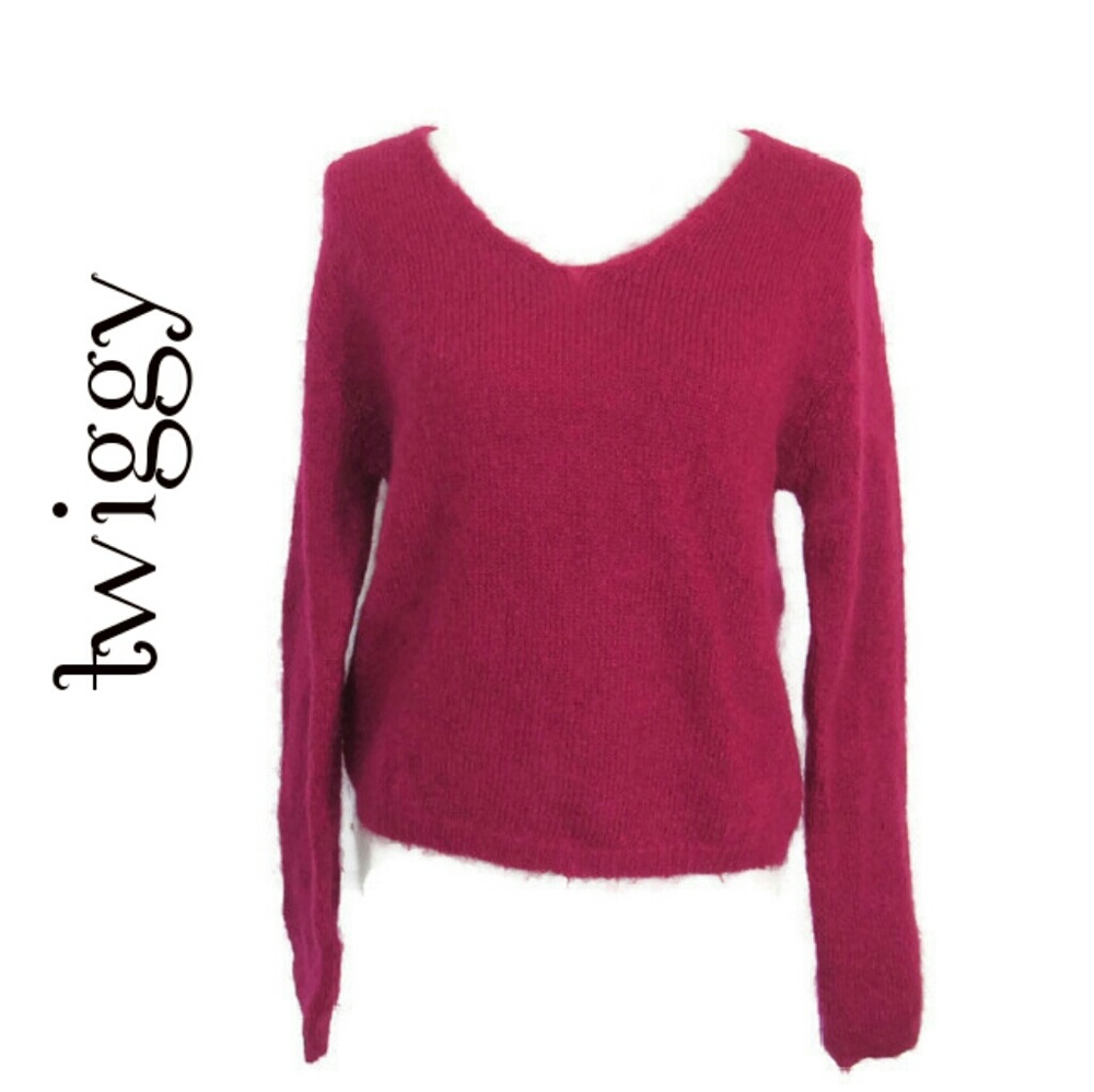 Twiggy Magenta Pink Fuzzy Mohair V-Neck Sweater XL